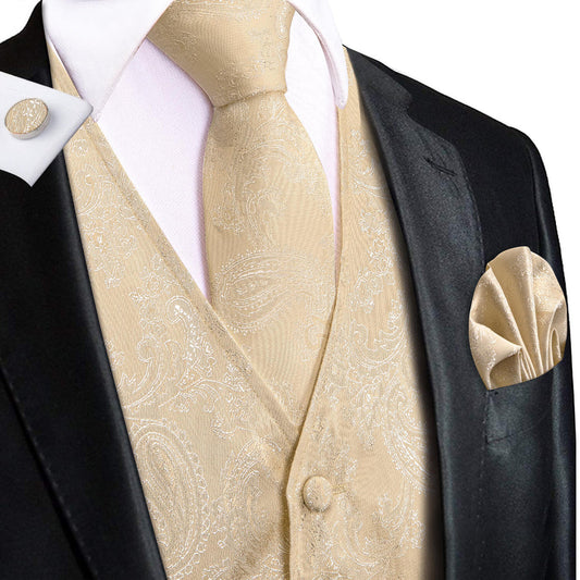 Moccasin Yellow Jacquard Paisley Silk Vest Set vest set S (Chest 40")   - Sophisticated Gentlemen