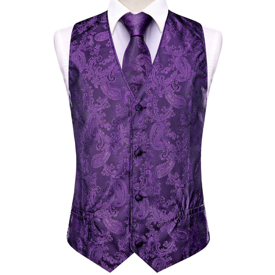 Purple Jacquard Paisley Silk Vest Set vest set    - Sophisticated Gentlemen