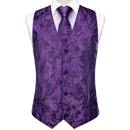 Purple Jacquard Paisley Silk Vest Set vest set    - Sophisticated Gentlemen