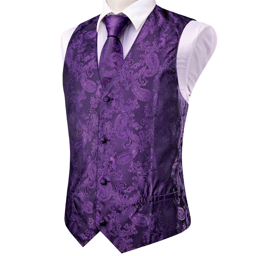 Purple Jacquard Paisley Silk Vest Set vest set    - Sophisticated Gentlemen