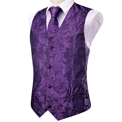 Purple Jacquard Paisley Silk Vest Set vest set    - Sophisticated Gentlemen