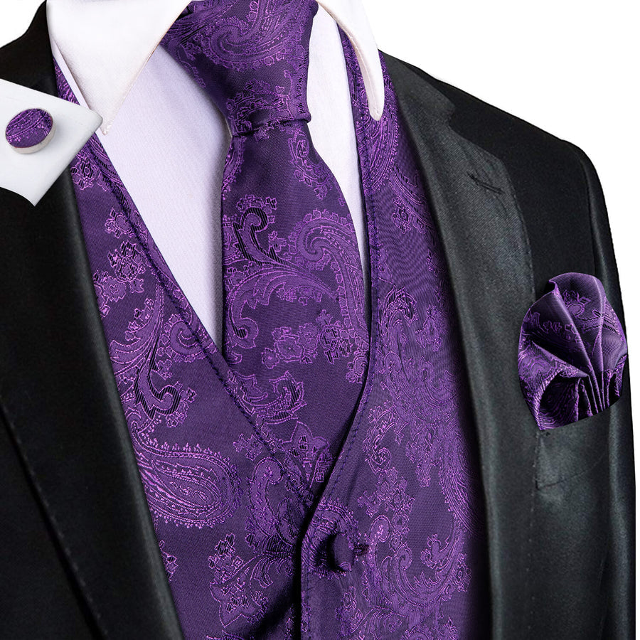 Purple Jacquard Paisley Silk Vest Set vest set S (Chest 40")   - Sophisticated Gentlemen