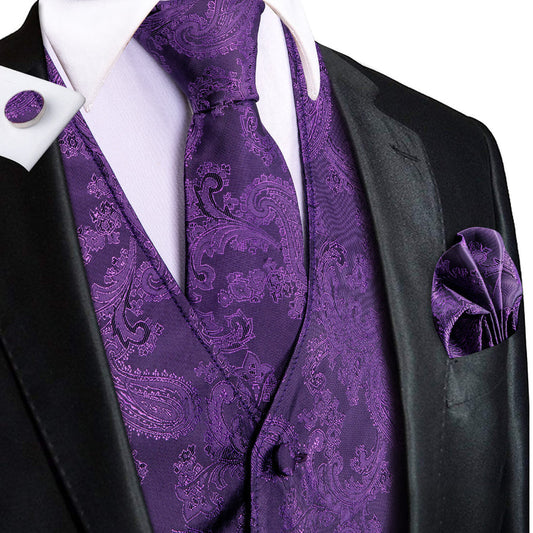 Purple Jacquard Paisley Silk Vest Set vest set S (Chest 40")   - Sophisticated Gentlemen