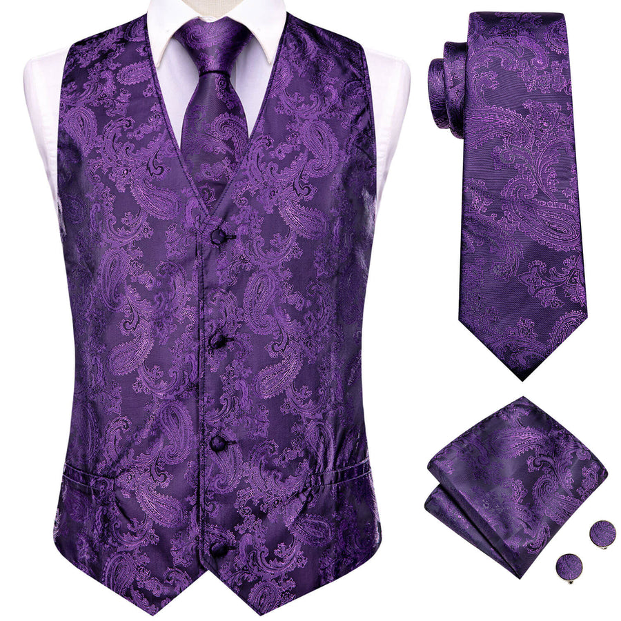 Purple Jacquard Paisley Silk Vest Set vest set    - Sophisticated Gentlemen