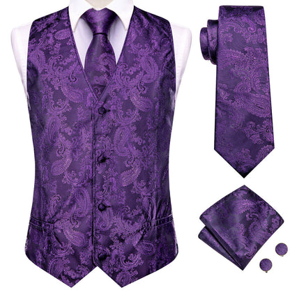 Purple Jacquard Paisley Silk Vest Set vest set    - Sophisticated Gentlemen