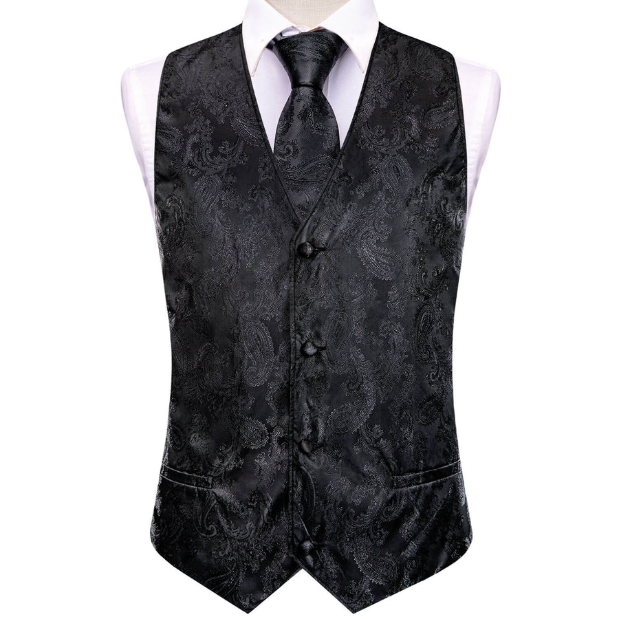 Crow Black Jacquard Paisley Silk Vest Set vest set    - Sophisticated Gentlemen