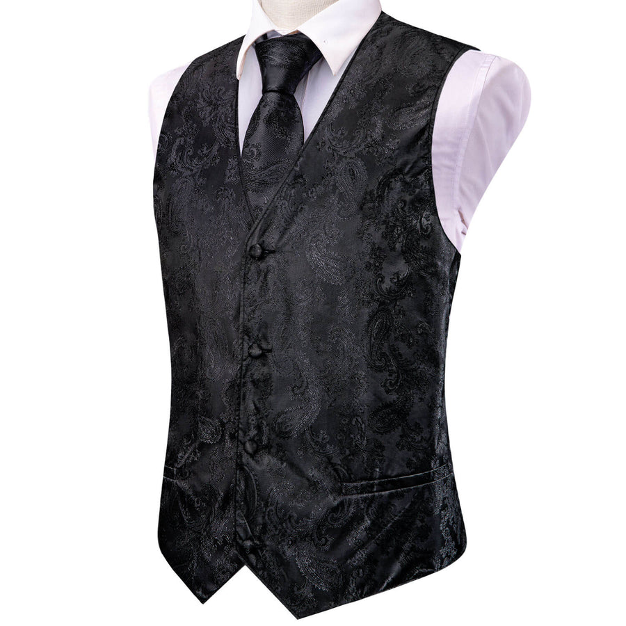 Crow Black Jacquard Paisley Silk Vest Set vest set    - Sophisticated Gentlemen