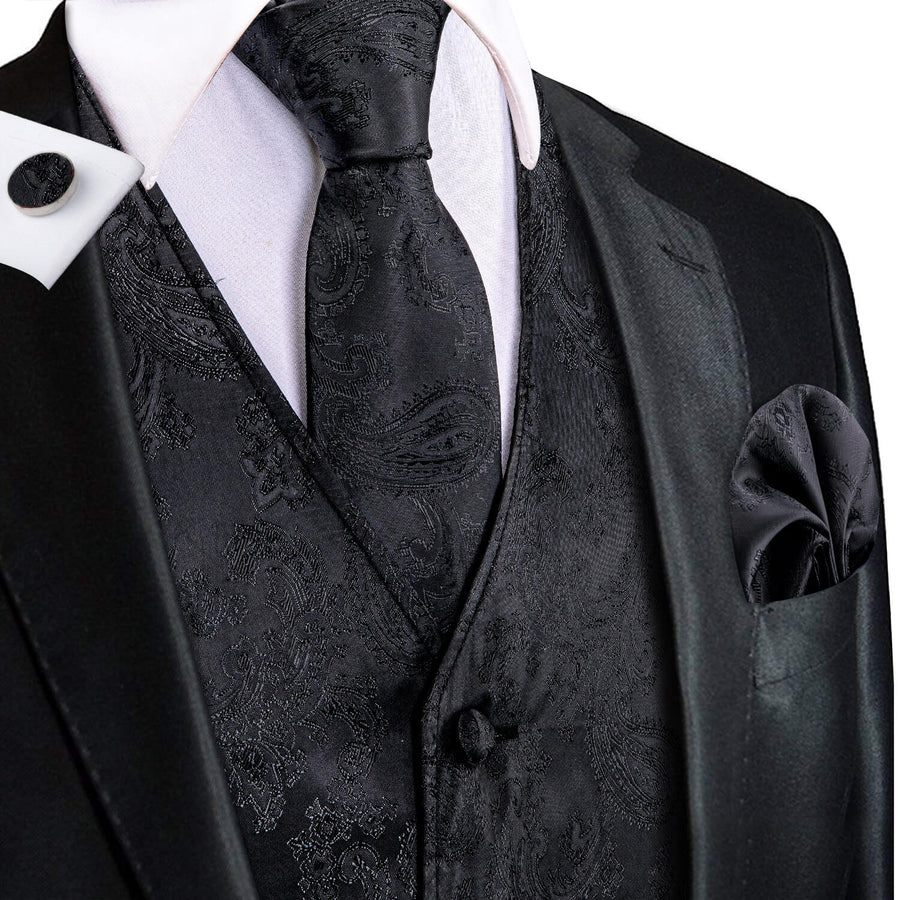 Crow Black Jacquard Paisley Silk Vest Set vest set S (Chest 40")   - Sophisticated Gentlemen