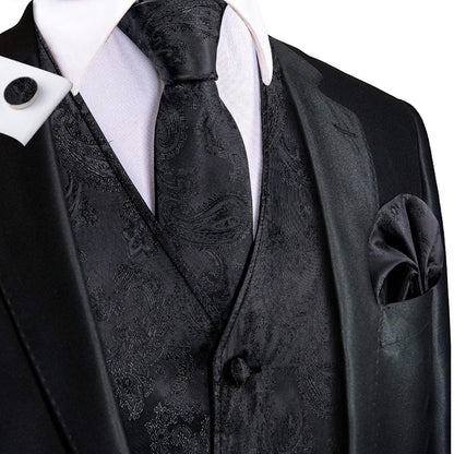 Crow Black Jacquard Paisley Silk Vest Set vest set S (Chest 40")   - Sophisticated Gentlemen