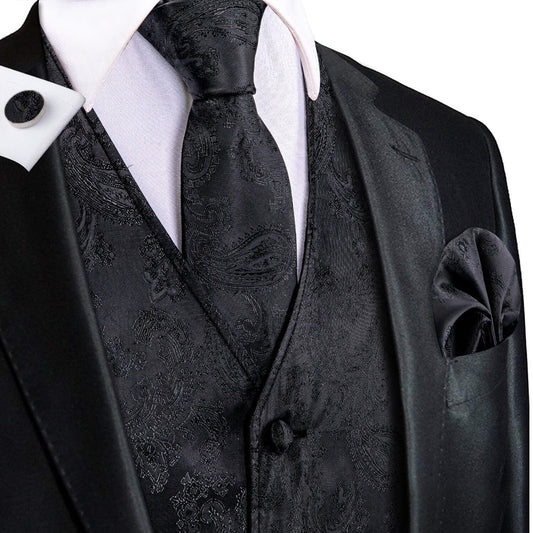 Crow Black Jacquard Paisley Silk Vest Set vest set S (Chest 40")   - Sophisticated Gentlemen
