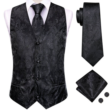 Crow Black Jacquard Paisley Silk Vest Set vest set    - Sophisticated Gentlemen