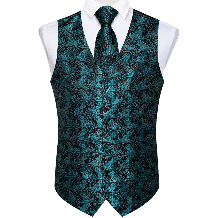 Black Blue Paisley Jacquard Silk Men's Vest vest set    - Sophisticated Gentlemen