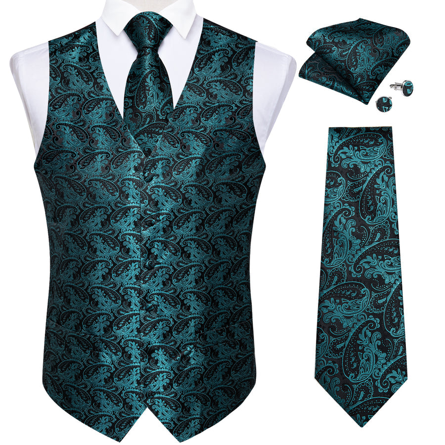 Black Blue Paisley Jacquard Silk Men's Vest vest set    - Sophisticated Gentlemen