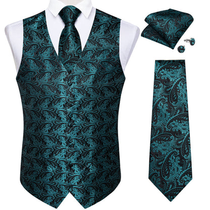 Black Blue Paisley Jacquard Silk Men's Vest vest set    - Sophisticated Gentlemen