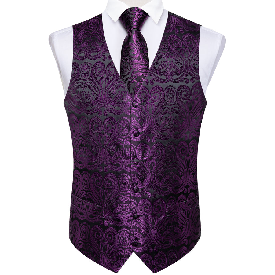 Black Purple Paisley Jacquard Silk Men's Vest Set vest set    - Sophisticated Gentlemen