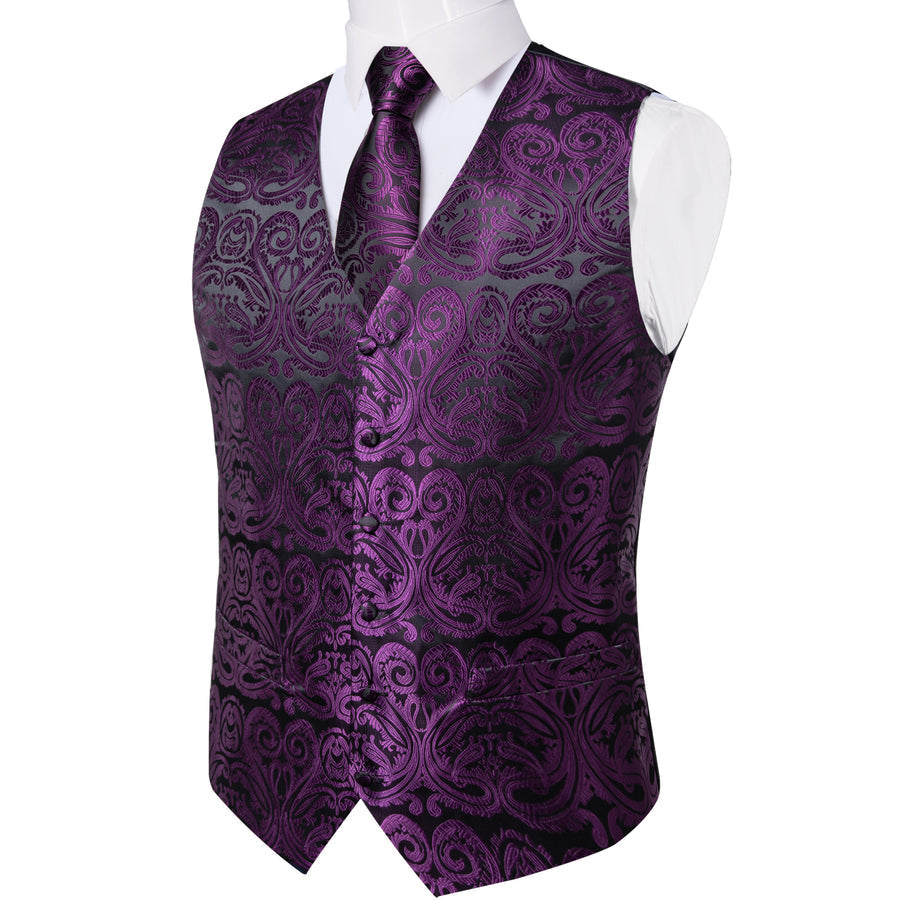 Black Purple Paisley Jacquard Silk Men's Vest Set vest set    - Sophisticated Gentlemen