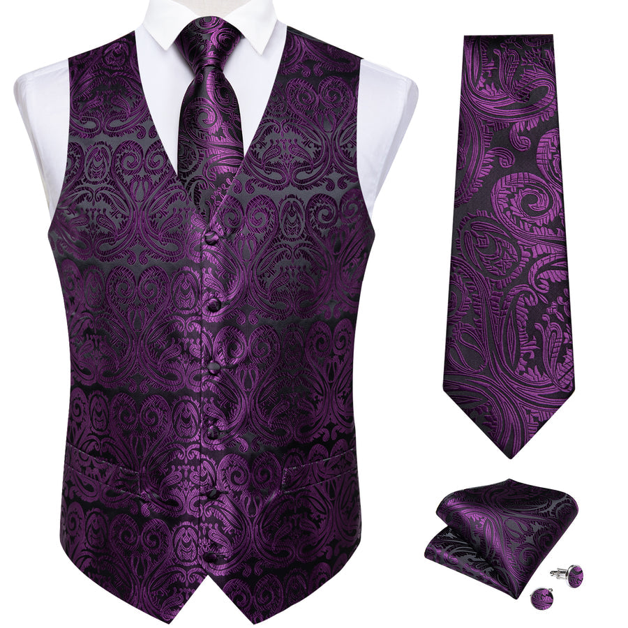 Black Purple Paisley Jacquard Silk Men's Vest Set vest set    - Sophisticated Gentlemen