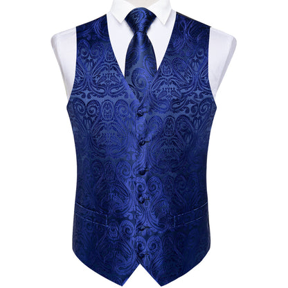 Royal Blue Paisley Jacquard Silk Vest Set vest set    - Sophisticated Gentlemen