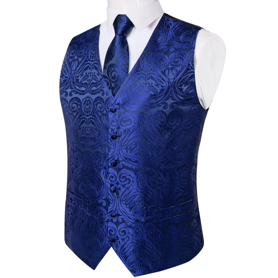 Royal Blue Paisley Jacquard Silk Vest Set vest set    - Sophisticated Gentlemen