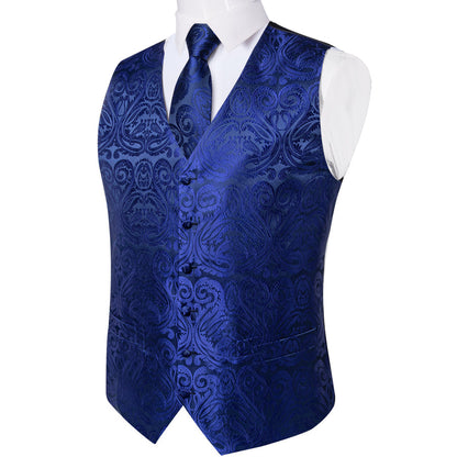 Royal Blue Paisley Jacquard Silk Vest Set vest set    - Sophisticated Gentlemen