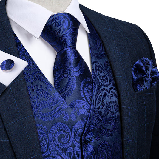 Royal Blue Paisley Jacquard Silk Vest Set vest set S (Chest 40")   - Sophisticated Gentlemen