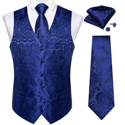 Royal Blue Paisley Jacquard Silk Vest Set vest set    - Sophisticated Gentlemen