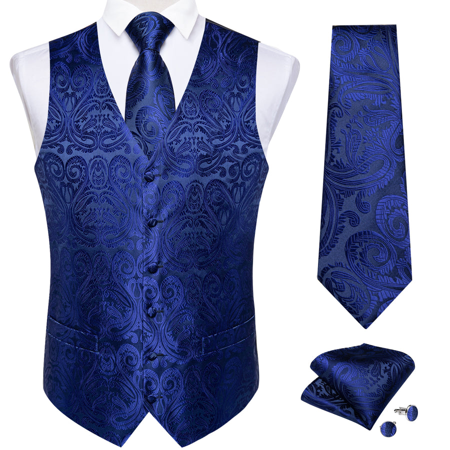 Royal Blue Paisley Jacquard Silk Vest Set vest set    - Sophisticated Gentlemen