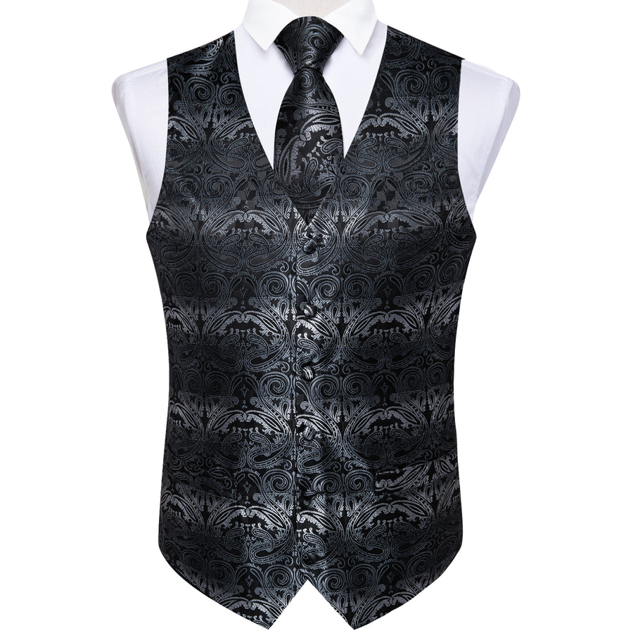 Black White Gradient Paisley Jacquard Silk Men's Vest Set vest set    - Sophisticated Gentlemen