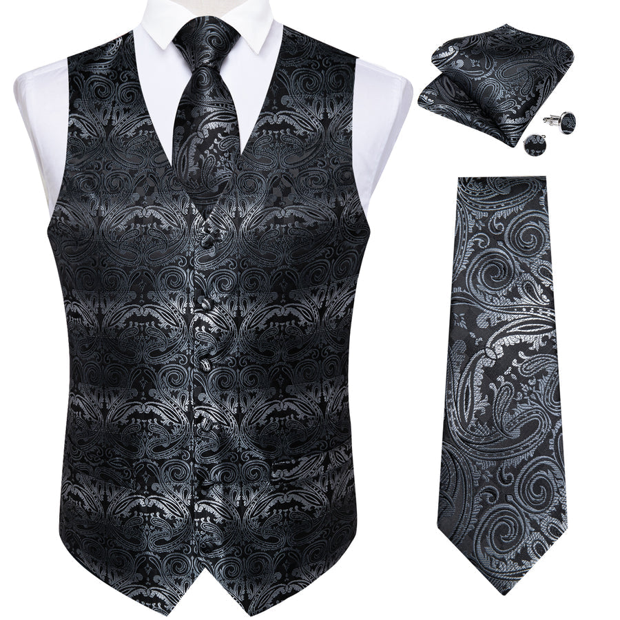 Black White Gradient Paisley Jacquard Silk Men's Vest Set vest set    - Sophisticated Gentlemen