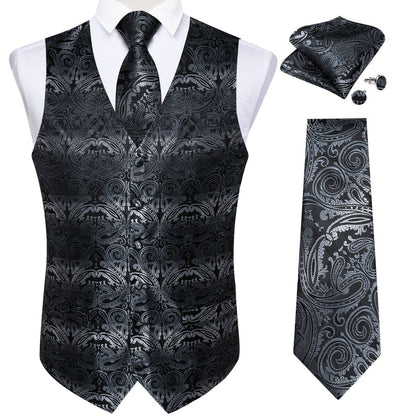 Black White Gradient Paisley Jacquard Silk Men's Vest Set vest set    - Sophisticated Gentlemen