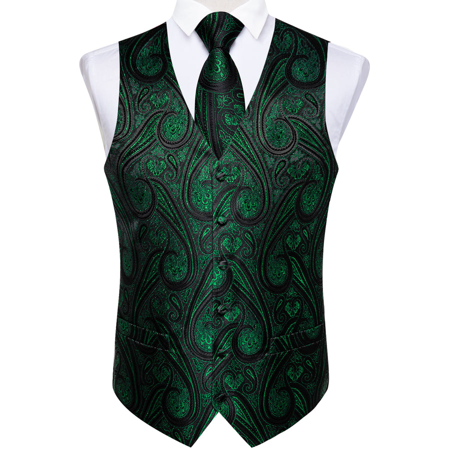 Black Green Paisley Jacquard Silk Vest Set vest set    - Sophisticated Gentlemen