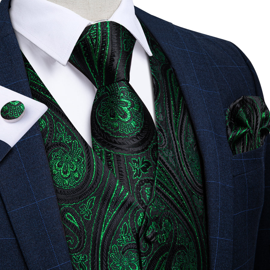 Black Green Paisley Jacquard Silk Vest Set vest set S (Chest 40")   - Sophisticated Gentlemen