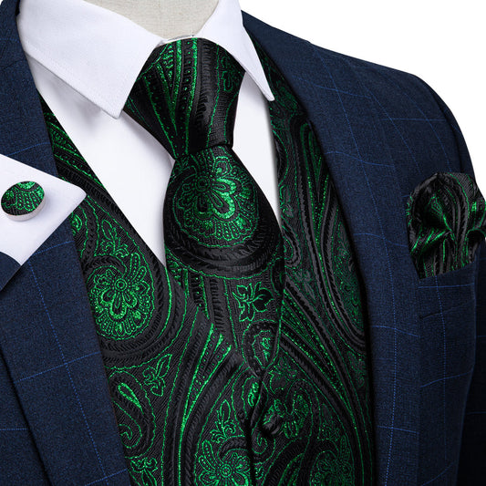 Black Green Paisley Jacquard Silk Vest Set vest set S (Chest 40")   - Sophisticated Gentlemen