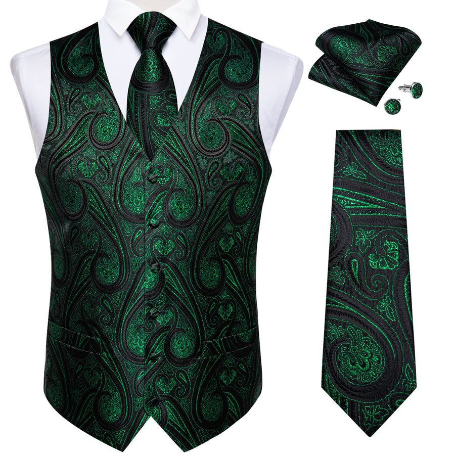 Black Green Paisley Jacquard Silk Vest Set vest set    - Sophisticated Gentlemen
