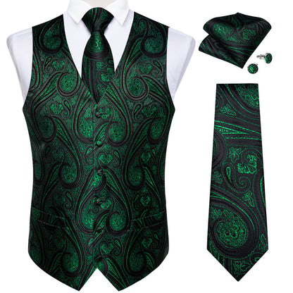Black Green Paisley Jacquard Silk Vest Set vest set    - Sophisticated Gentlemen
