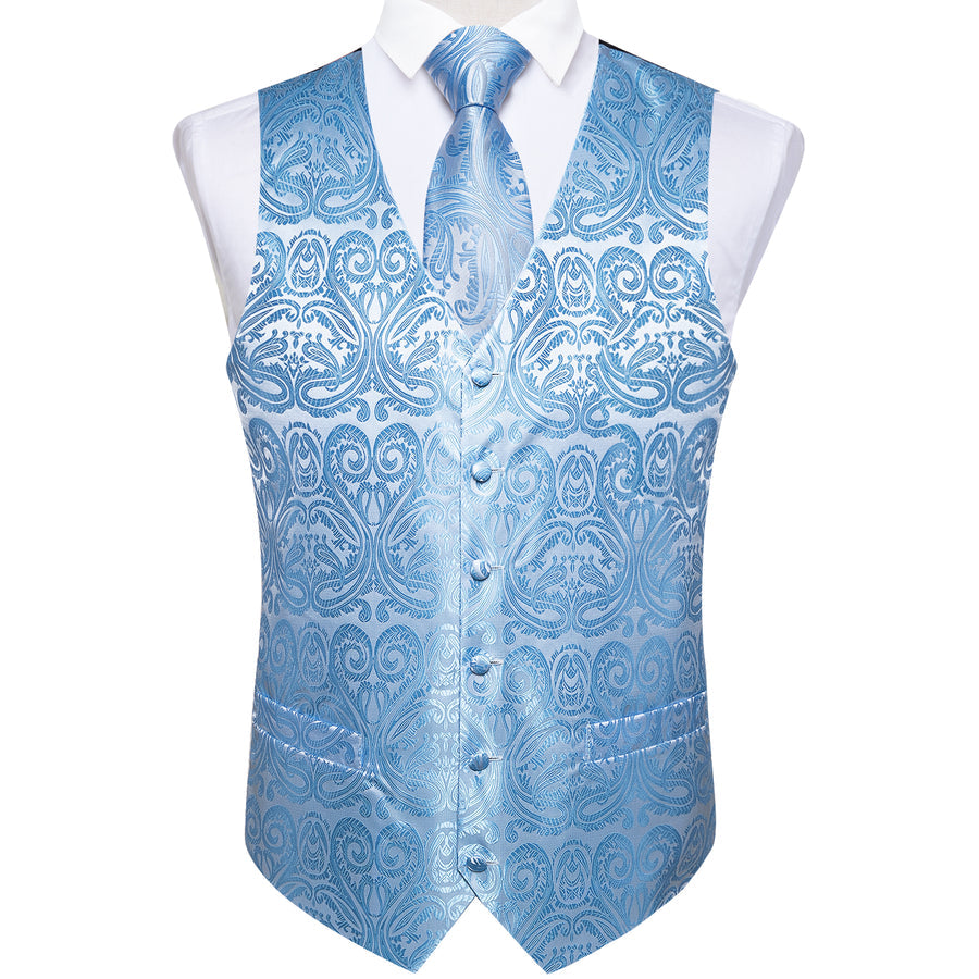 Radiant Sky Blue Paisley Silk Vest Set vest set    - Sophisticated Gentlemen