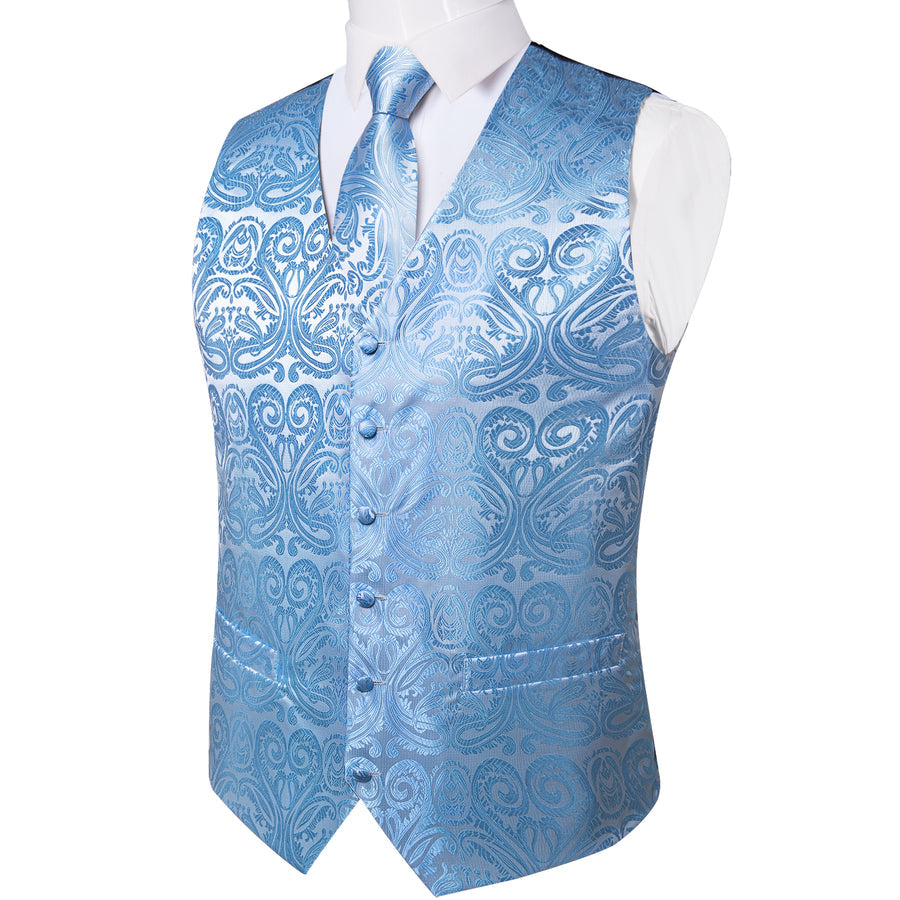 Radiant Sky Blue Paisley Silk Vest Set vest set    - Sophisticated Gentlemen