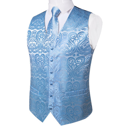 Radiant Sky Blue Paisley Silk Vest Set vest set    - Sophisticated Gentlemen