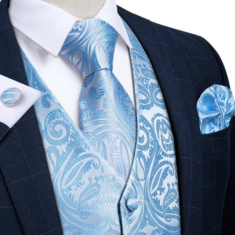 Radiant Sky Blue Paisley Silk Vest Set vest set S (Chest 40")   - Sophisticated Gentlemen
