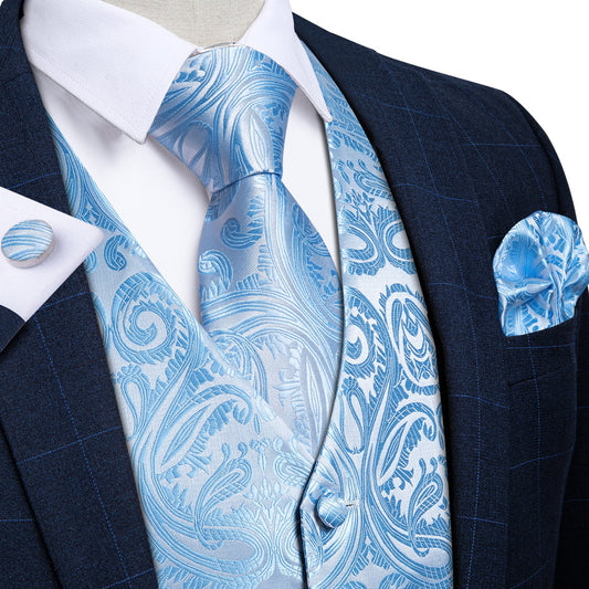 Radiant Sky Blue Paisley Silk Vest Set vest set S (Chest 40")   - Sophisticated Gentlemen