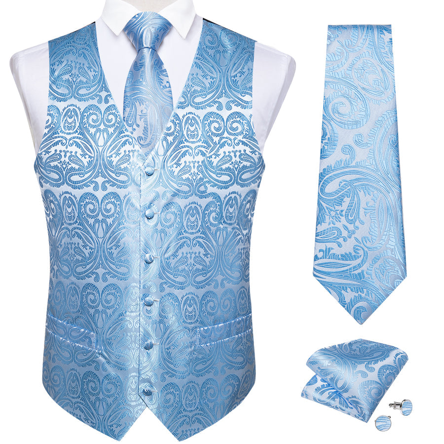 Radiant Sky Blue Paisley Silk Vest Set vest set    - Sophisticated Gentlemen
