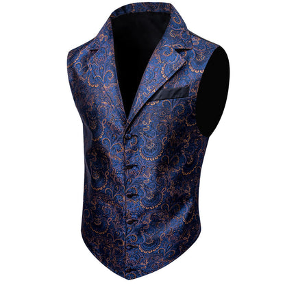 Navy Blue Paisley Jacquard Men's Collar Victorian Vest Set vest set    - Sophisticated Gentlemen