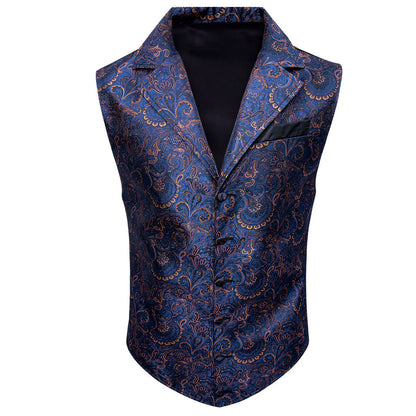 Navy Blue Paisley Jacquard Men's Collar Victorian Vest Set vest set    - Sophisticated Gentlemen