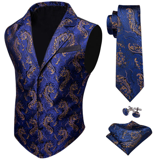 Royal Blue Paisley Jacquard Men's Collar Victorian Vest Set vest set S (Chest 40")   - Sophisticated Gentlemen