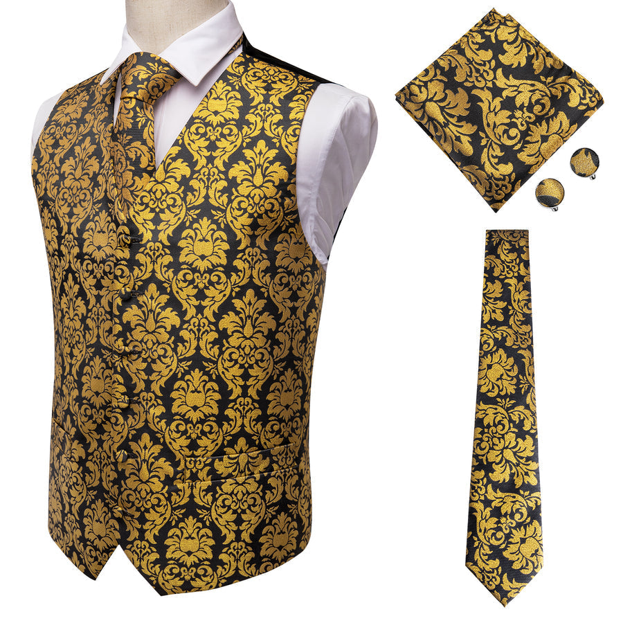 Luxury Black Golden Floral Jacquard Silk Vest Set vest set    - Sophisticated Gentlemen