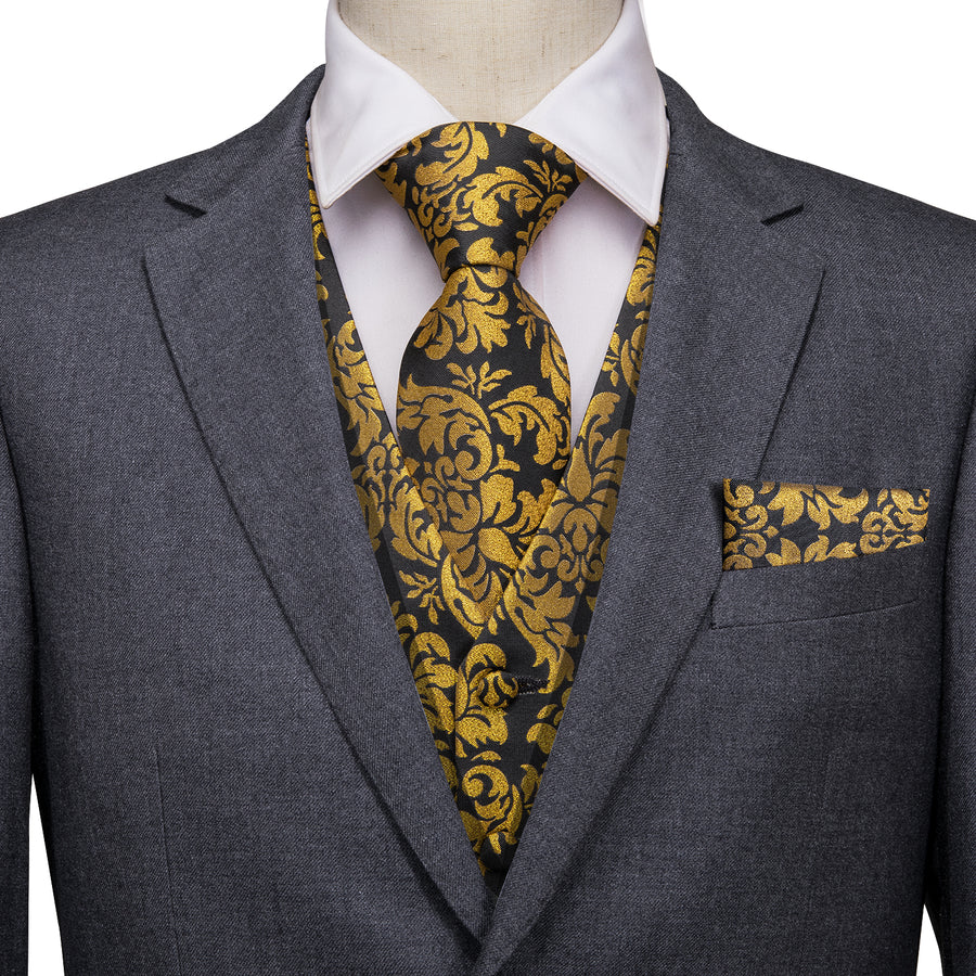 Luxury Black Golden Floral Jacquard Silk Vest Set vest set S (Chest 40")   - Sophisticated Gentlemen