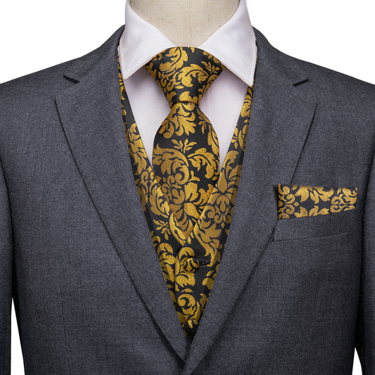 Luxury Black Golden Floral Jacquard Silk Vest Set vest set S (Chest 40")   - Sophisticated Gentlemen