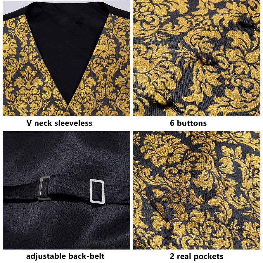 Luxury Black Golden Floral Jacquard Silk Vest Set vest set    - Sophisticated Gentlemen