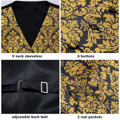 Luxury Black Golden Floral Jacquard Silk Vest Set vest set    - Sophisticated Gentlemen