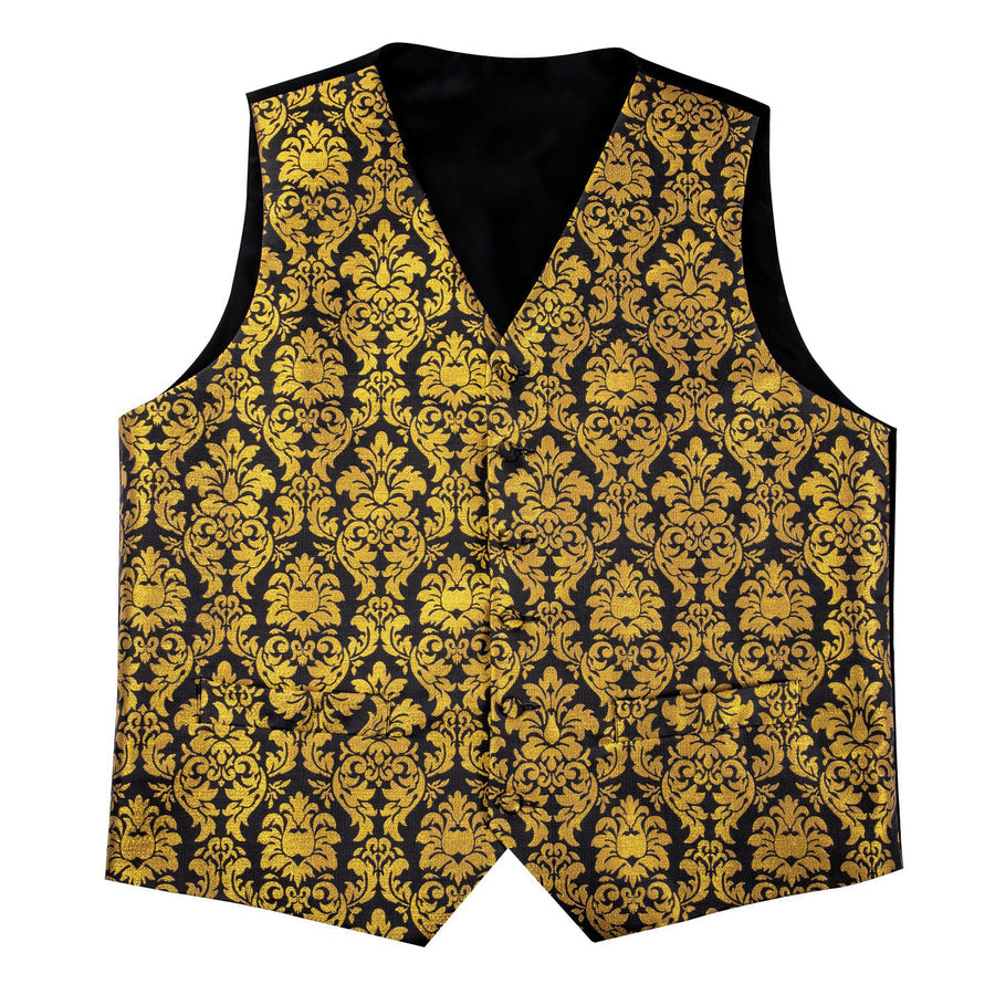 Luxury Black Golden Floral Jacquard Silk Vest Set vest set    - Sophisticated Gentlemen